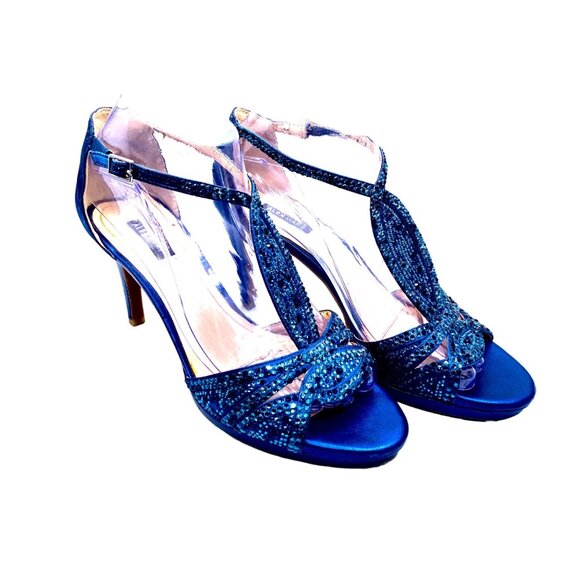 Alex Marie T-Strap Beaded Peep-Toe Dressy Heels Black Tie Fabric 7.5 Navy Blue - Picture 3 of 14